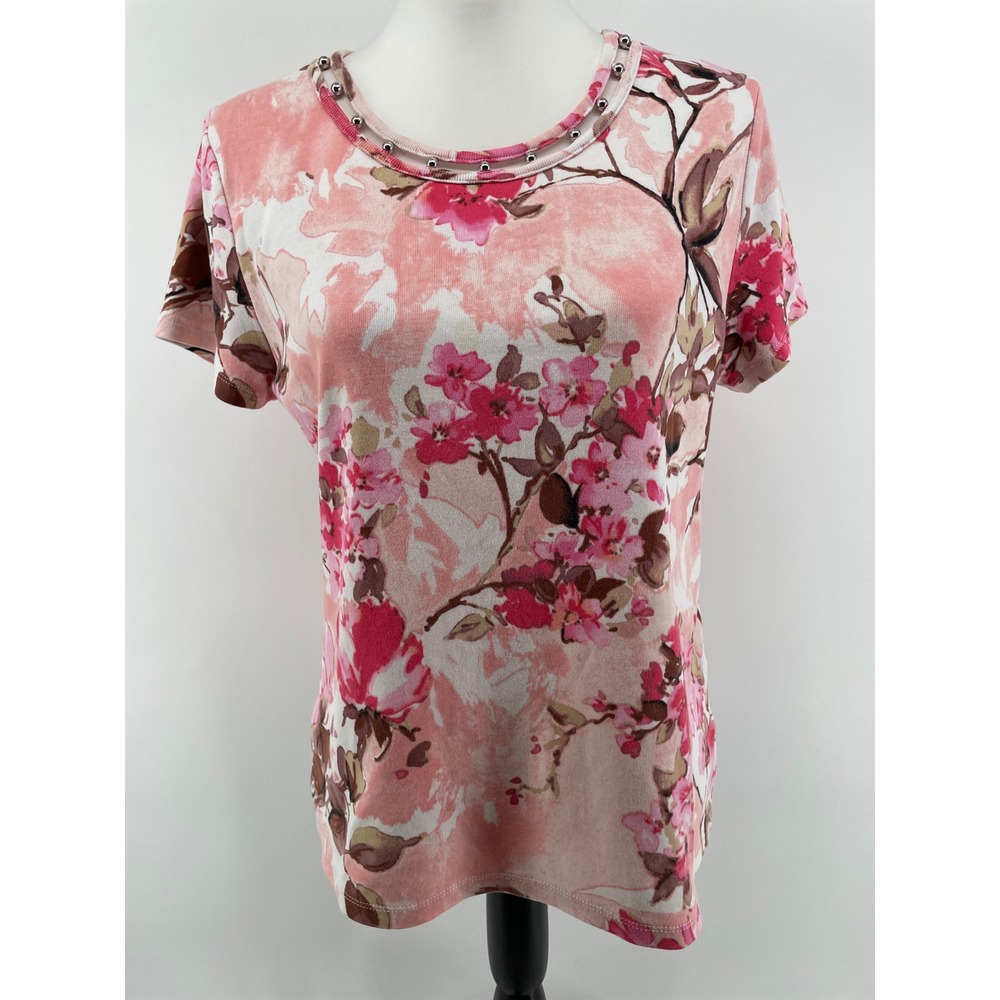 Rafaella‎ Floral Top Womens Large Pink Cottagecore Romantic Beaded 100% Cotton